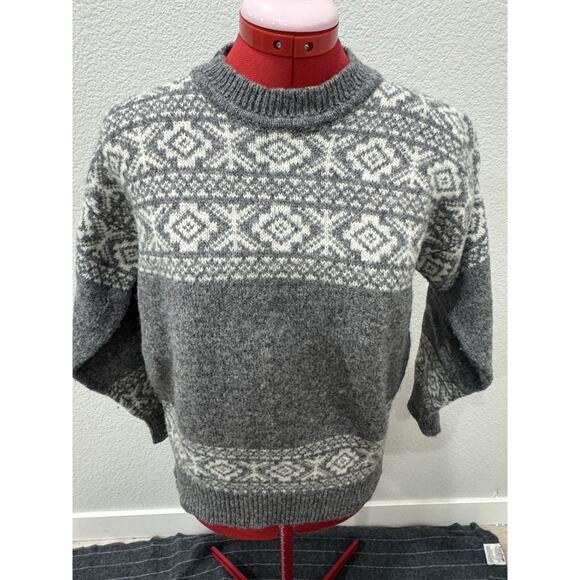 Wool Fair Isle Sweater Gray Cream Nordic Winter Pullover - Picture 1 of 6